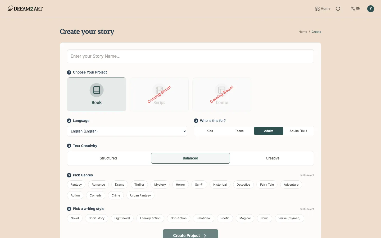 The six steps of the New Project form.